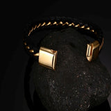 Black Braided Leather Gold Stainless Steel Bracelet For Men
