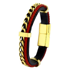 Red Black 316L Stainless Steel Curb Genuine Leather Wrist Bracelet Men