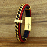 Red Black 316L Stainless Steel Curb Genuine Leather Wrist Bracelet Men