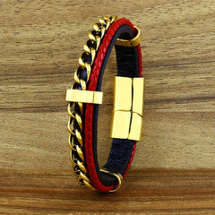 Red Black 316L Stainless Steel Curb Genuine Leather Wrist Bracelet Men
