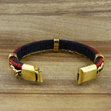 Red Black 316L Stainless Steel Curb Genuine Leather Wrist Bracelet Men