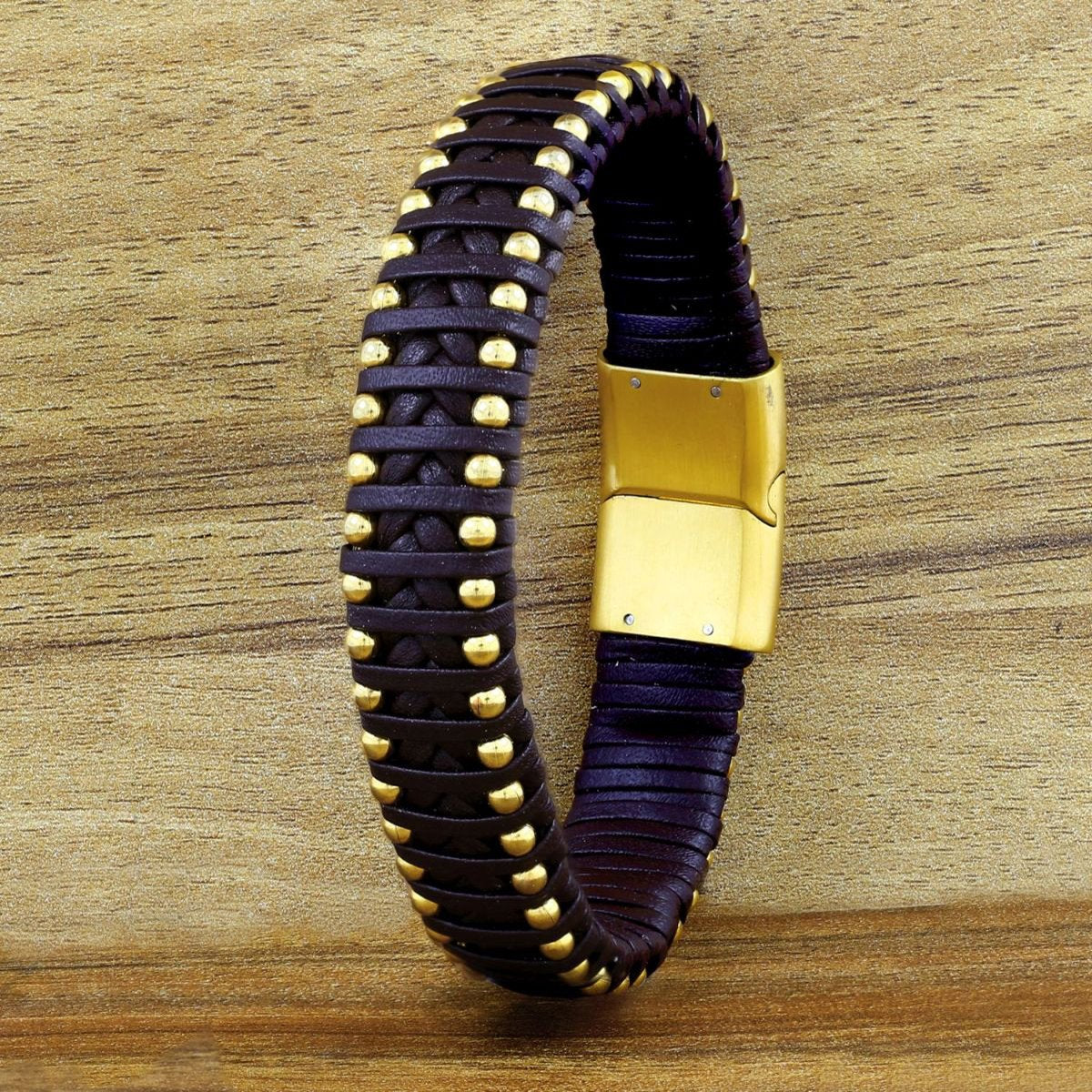 Brown Handcrafted Leather 316L Stainless Steel Wrist Wrap Bracelet