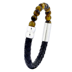 Brown Tigers Eye Beads Black Leather Stainless Steel Bracelet For Men