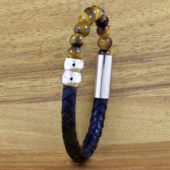 Brown Tigers Eye Beads Black Leather Stainless Steel Bracelet For Men