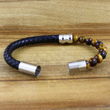 Brown Tigers Eye Beads Black Leather Stainless Steel Bracelet For Men
