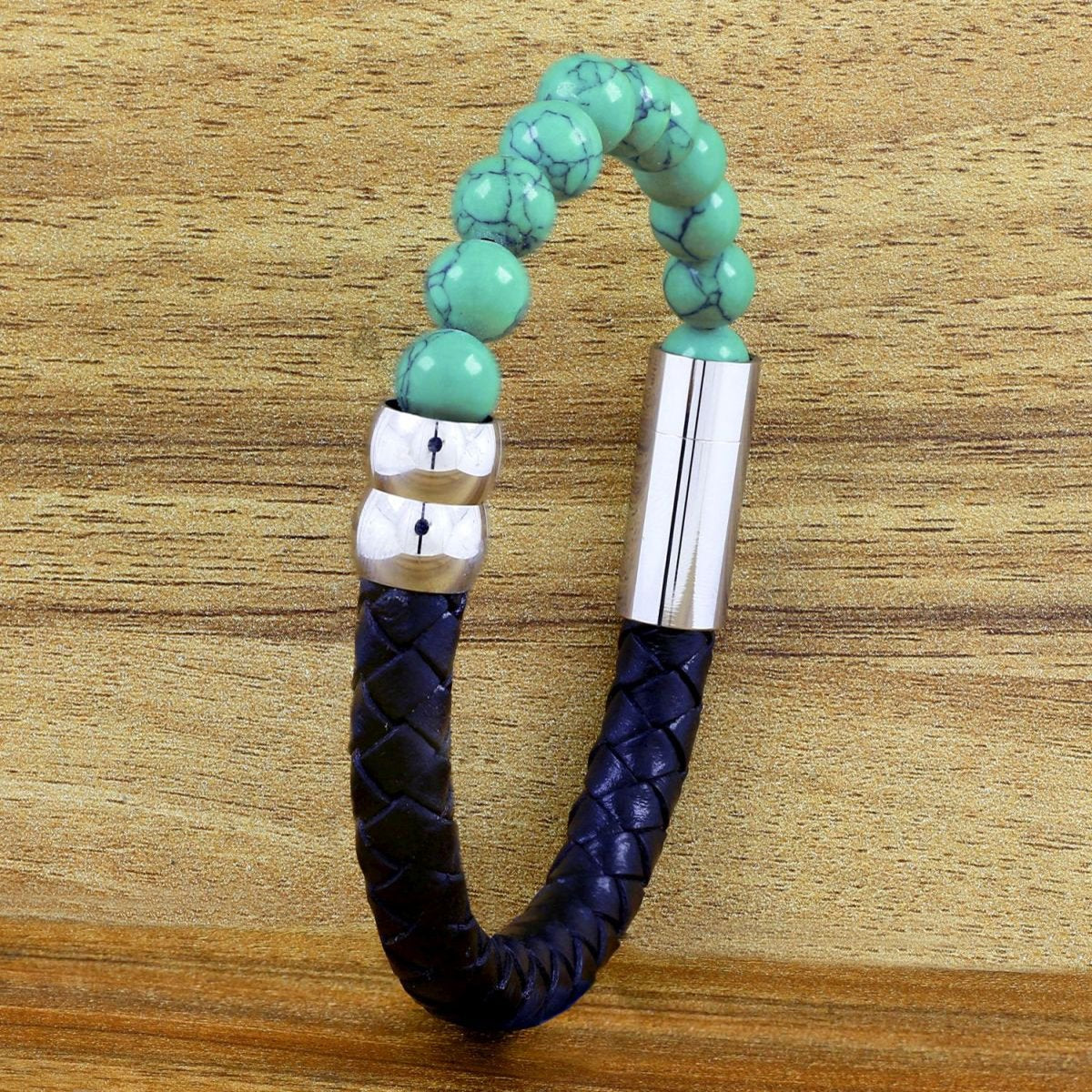 Green Turquoise Beads Black Leather Stainless Steel Bracelet For Men