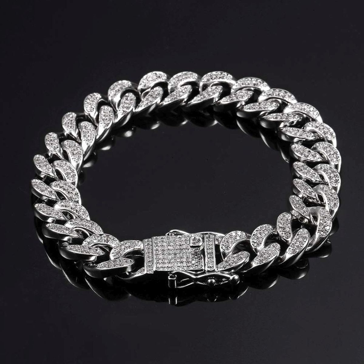 Hip Hop Curb Cuban Cubic Zirconia Chunky Silver Bracelet For Men