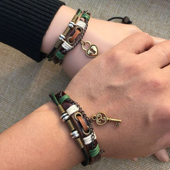 Vintage Lock Brown Braided Leather Strand Wrist Band Wrap Bracelet