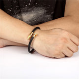 Nail Black Gold 316L Stainless Steel Braided Leather Bracelet