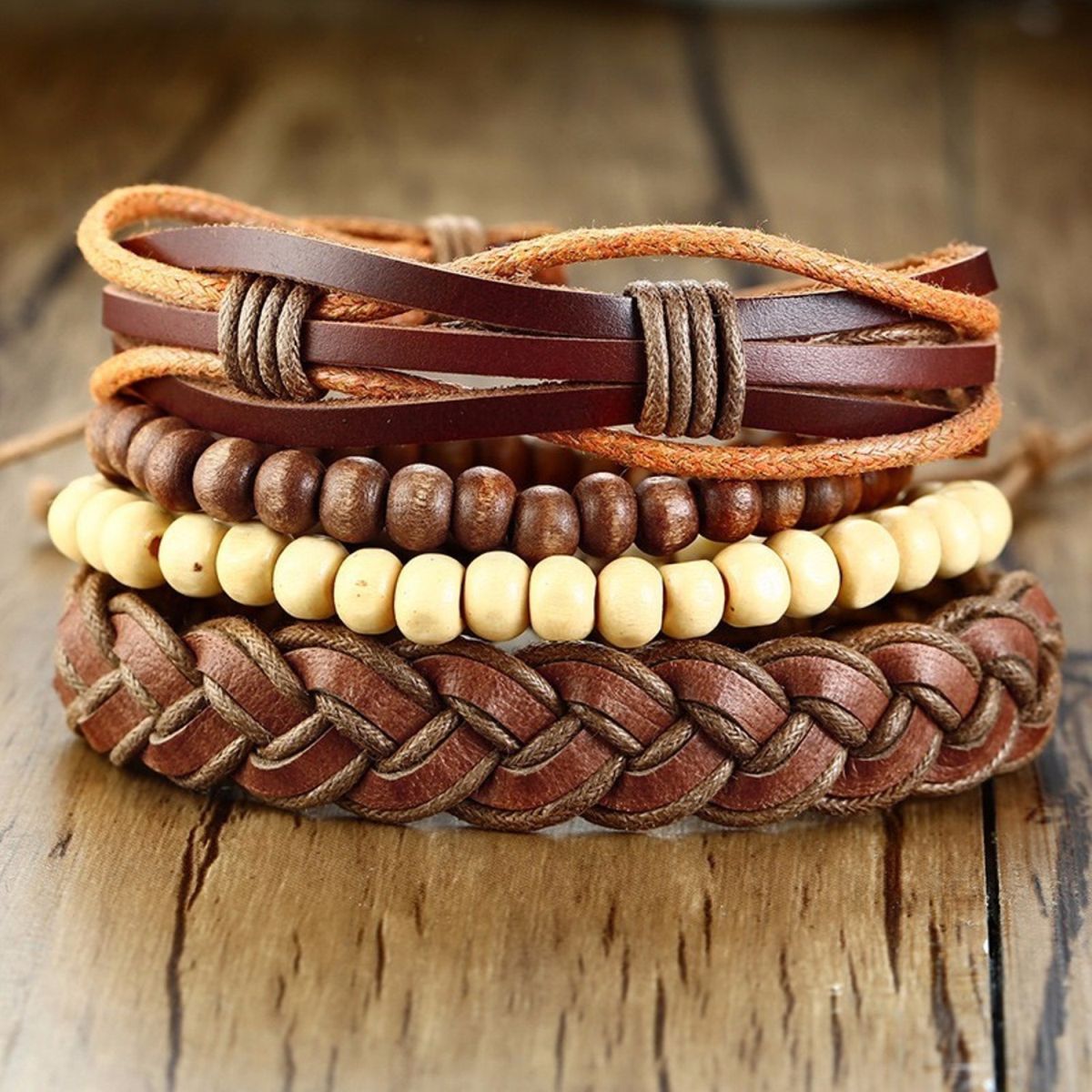 Stackable Strand Brown Tibetan Bead Leather Wrist Band Bracelet