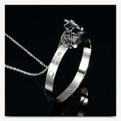 Key Lock Silver Stainless Steel Pendant Chain Kada Bangle Couple Set