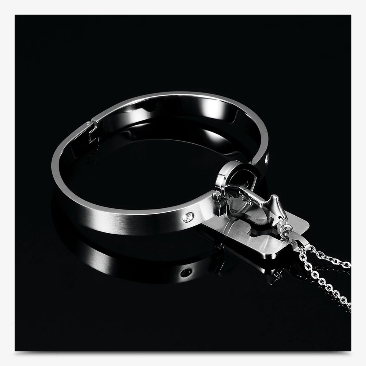 Key Lock Silver Stainless Steel Pendant Chain Kada Bangle Couple Set