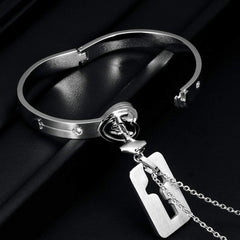 Key Lock Silver Stainless Steel Pendant Chain Kada Bangle Couple Set