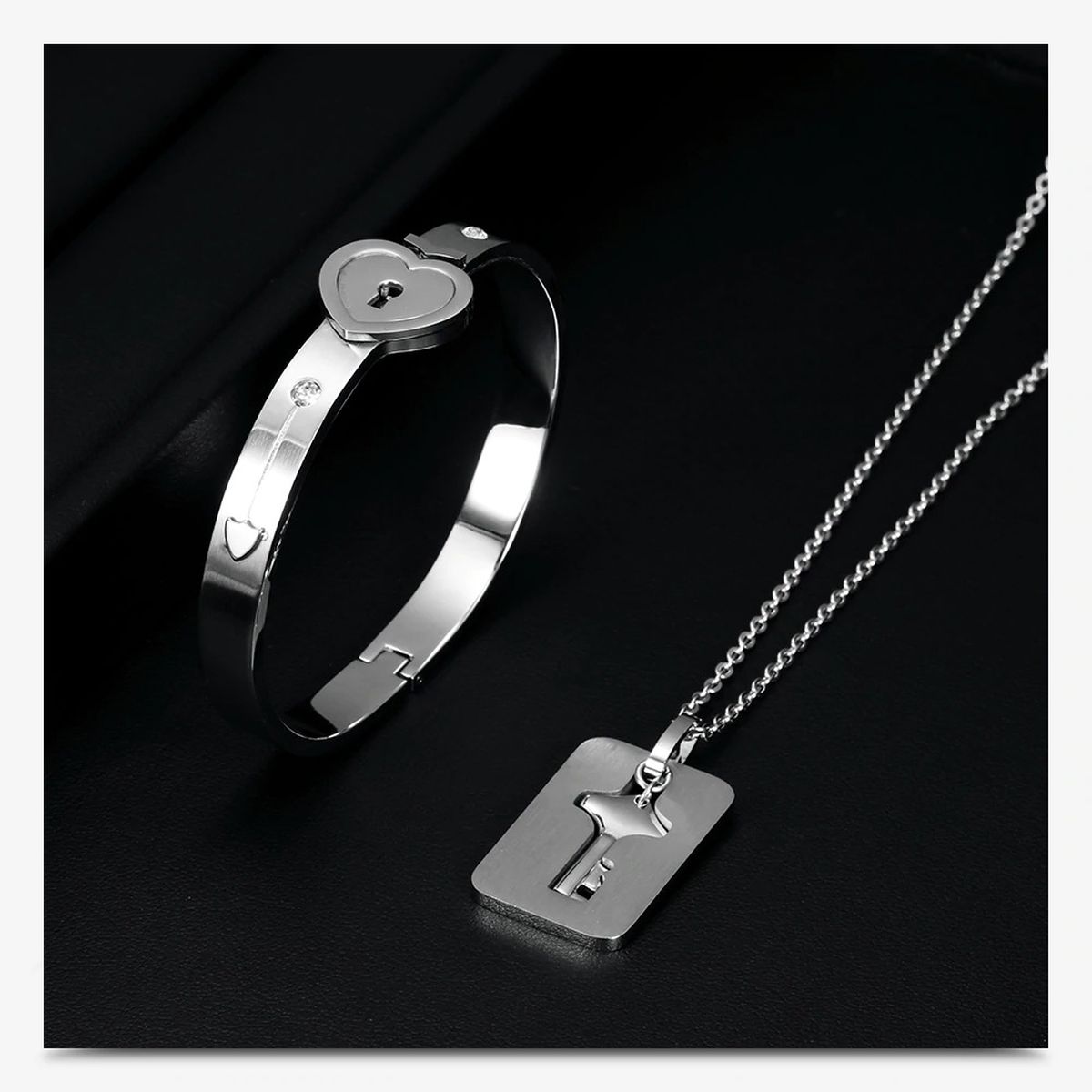 Key Lock Silver Stainless Steel Pendant Chain Kada Bangle Couple Set