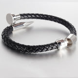 Gothic Nail Punk Black Silver Stainless Steel Braided Leather Bracelet