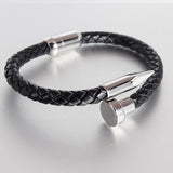 Gothic Nail Punk Black Silver Stainless Steel Braided Leather Bracelet