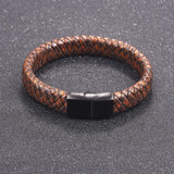 Braided Brown Leather Black Stainless Steel Wrist Band Bracelet Men