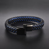 Braided Blue Black Leather Stainless Steel Wrist Band Personalized Engraved Bracelet Men