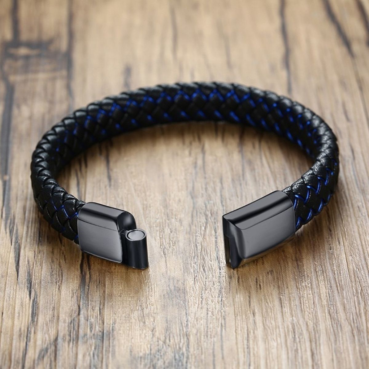 Braided Blue Black Leather Stainless Steel Wrist Band Bracelet Men