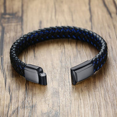 Braided Blue Black Leather Stainless Steel Wrist Band Bracelet Men