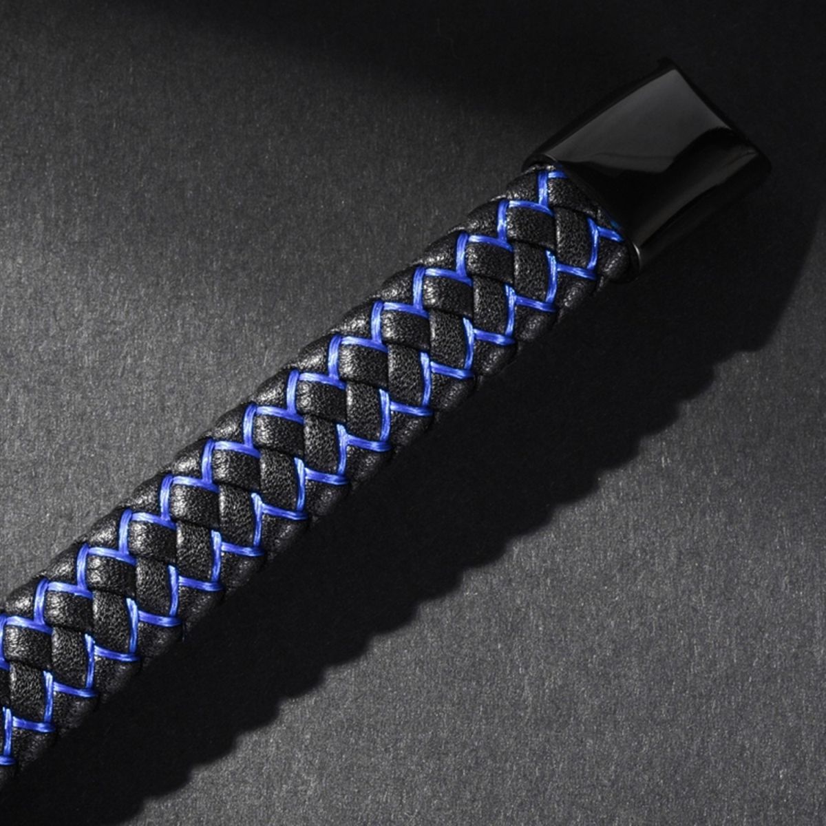 Braided Blue Black Leather Stainless Steel Wrist Band Bracelet Men