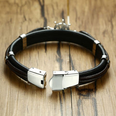 Anchor Rudder Sailor 316L Stainless Steel Black Leather Bracelet