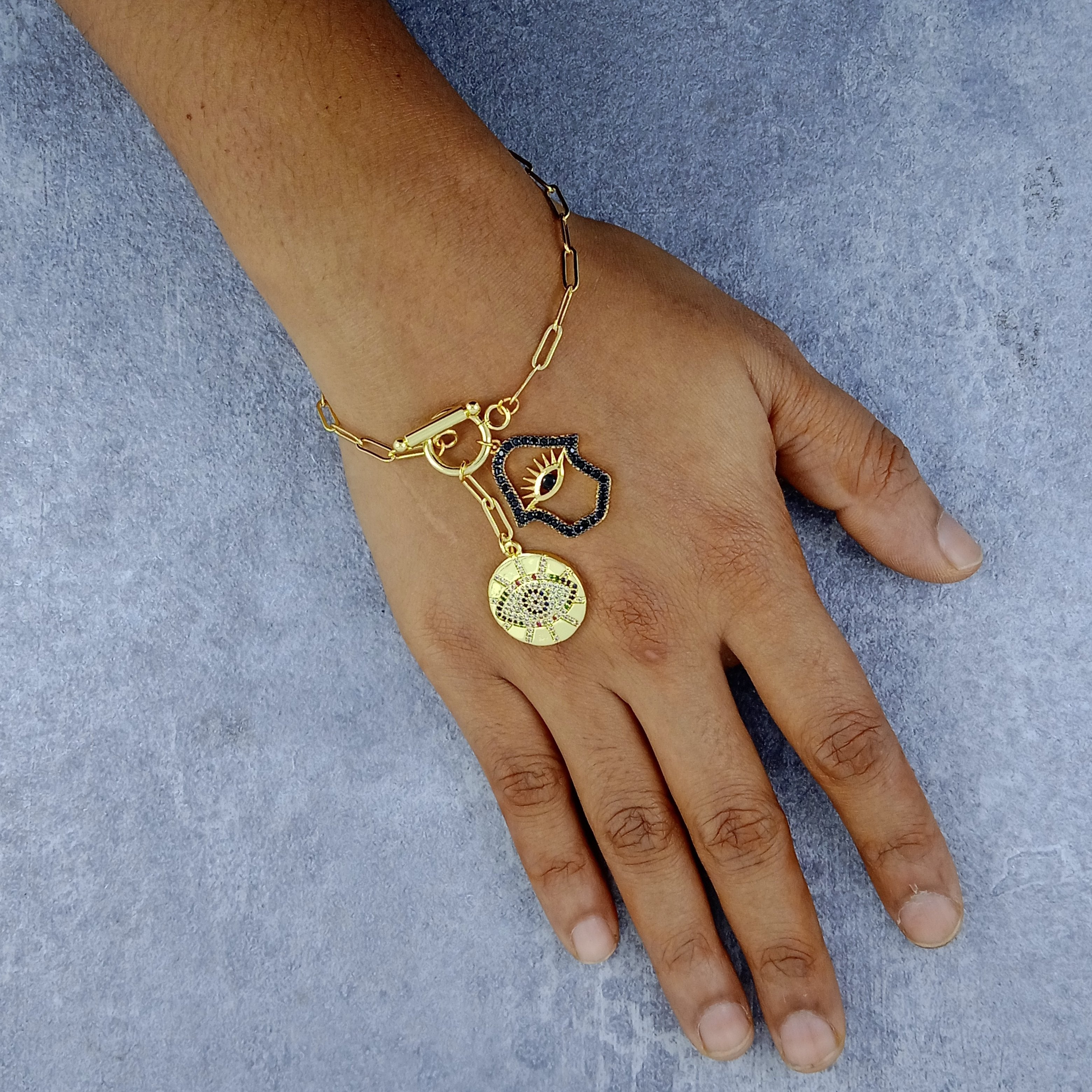 Gold Evil Eye Medal Hamsa Charm Link Bracelet For Women