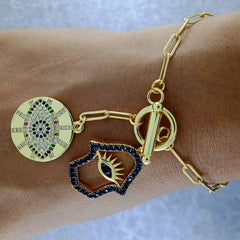 Gold Evil Eye Medal Hamsa Charm Link Bracelet For Women