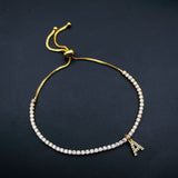 Gold Solitaire Initial alphabets letter Cubic Zirconia Adjustable Slider Tennis Bracelet Women