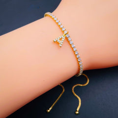 Gold Solitaire Initial Alphabets Letter CZ Slider Tennis Bracelet
