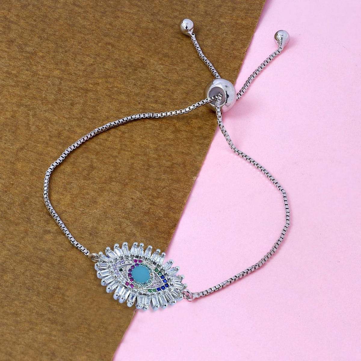 Turkish Evil Eye Lucky Cubic Zirconia American Diamond Slider Bracelet For Women