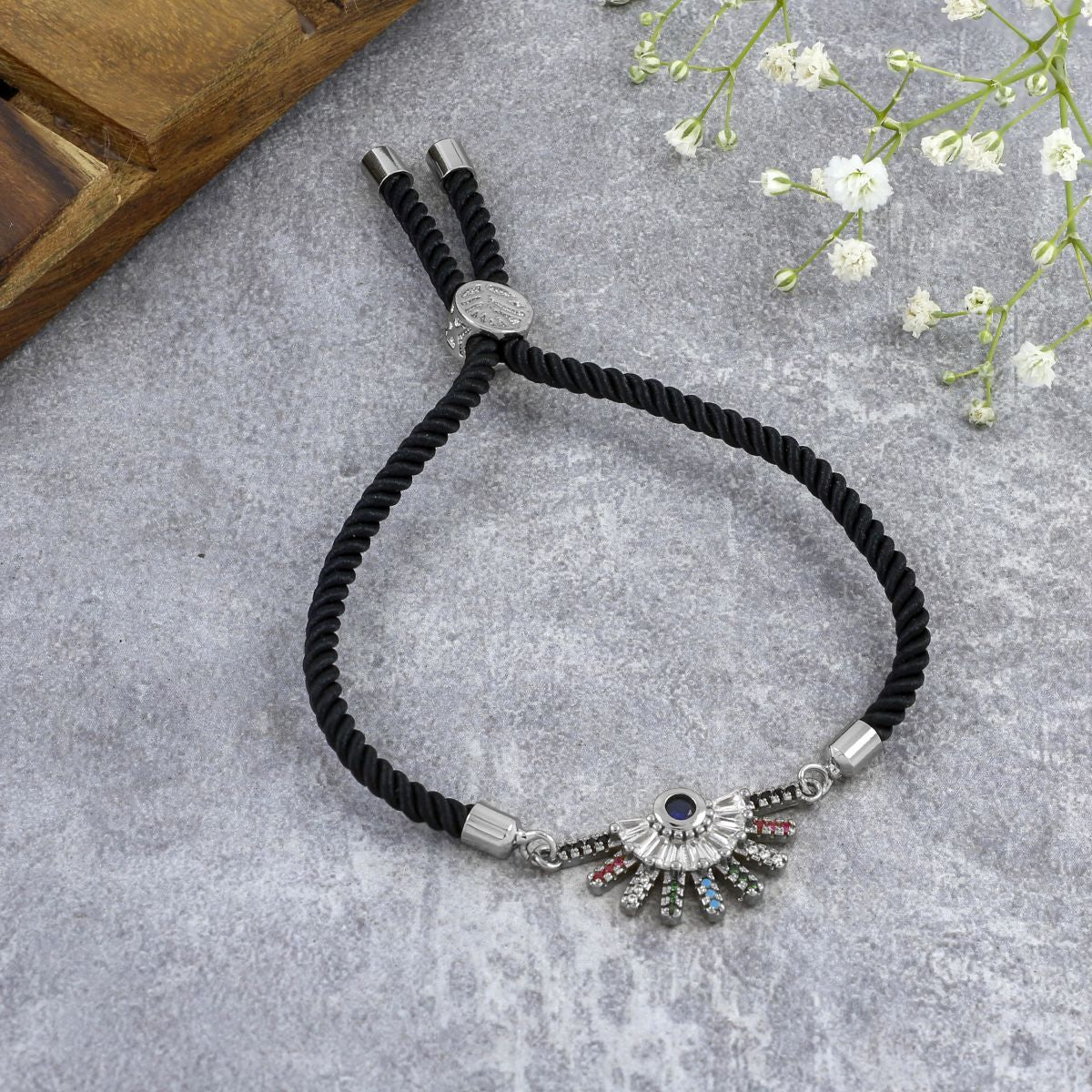 Rainbow Colourful Silver Black Cubic Zirconia Thread Bracelet
