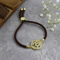 Aum Om 18K Gold Brown American Diamond Adjustable Thread Bracelet