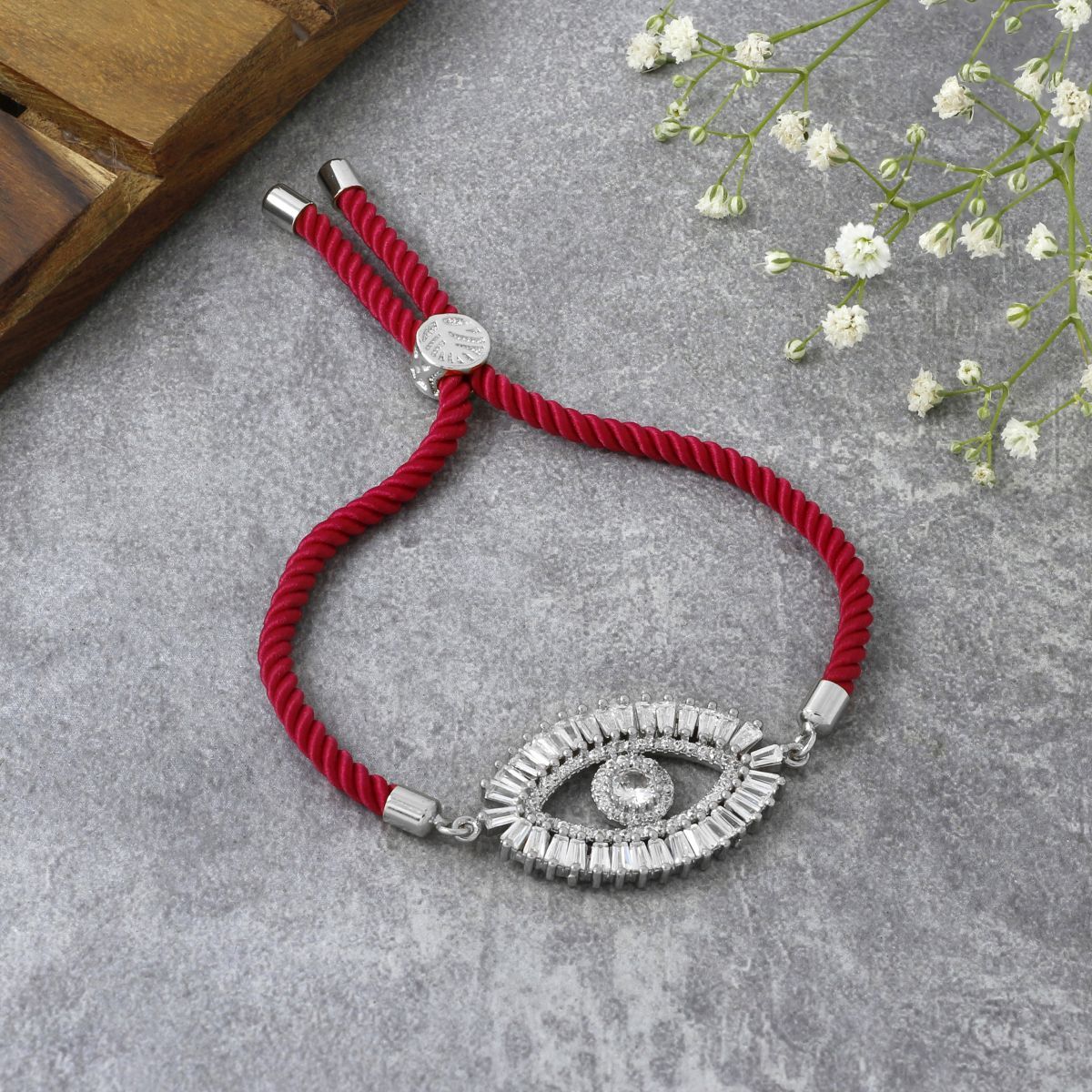 Turkish Evil Eye Baguette Silver Pink Cubic Zirconia Thread Bracelet