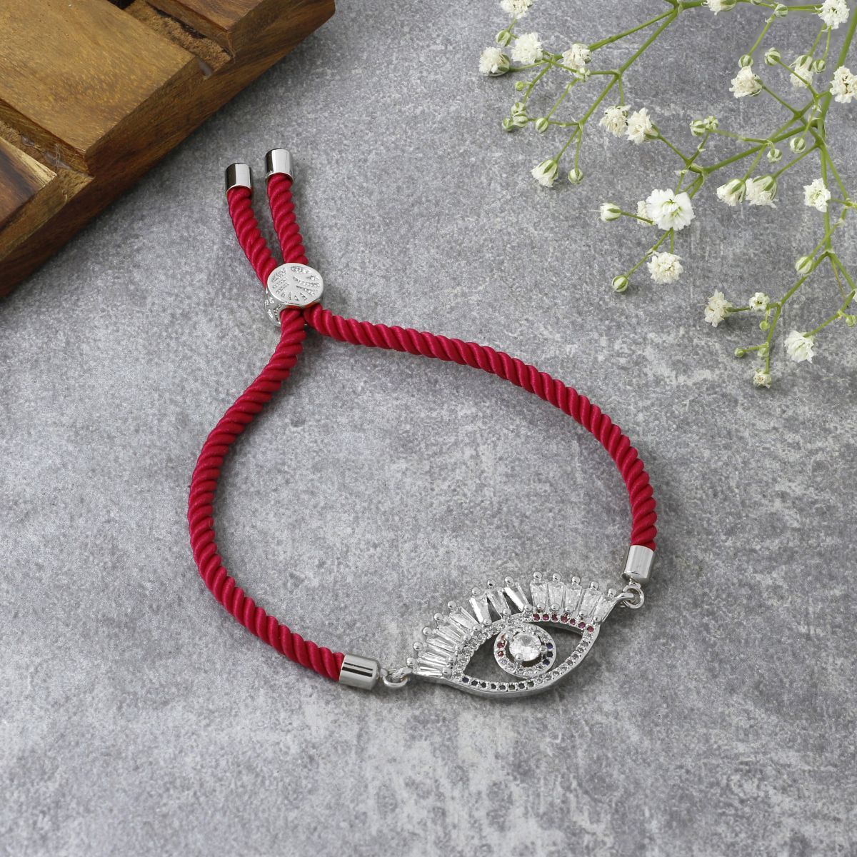 Evil Eye Good Baguette Silver Pink American Diamond Thread Bracelet