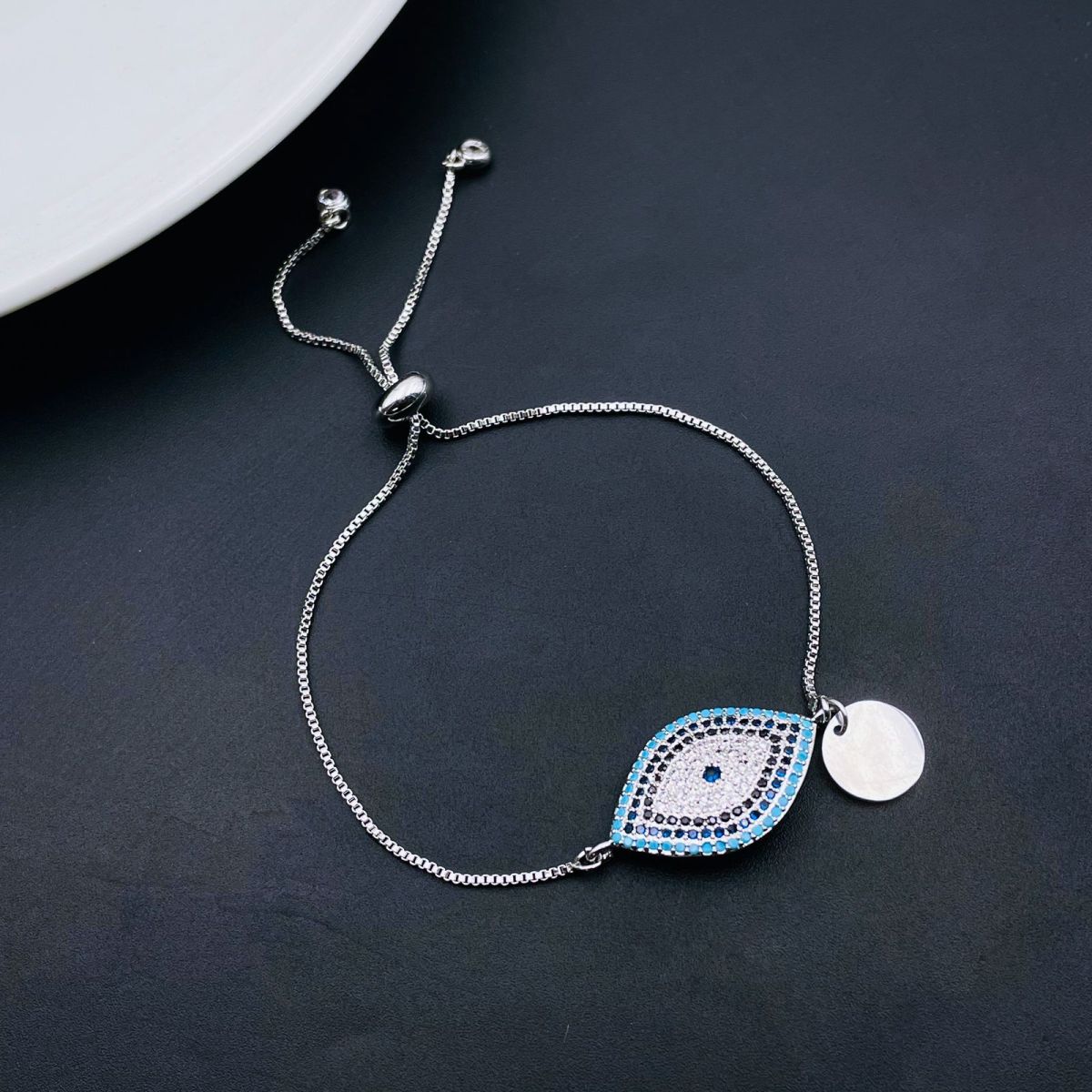 Evil Eye Silver Blue Cubic Zirconia Medallion Charm Adjustable Slider Bracelet Women