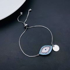 Evil Eye Silver Blue Cubic Zirconia Medallion Charm Adjustable Slider Bracelet Women