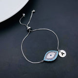 Evil Eye Silver Blue Cubic Zirconia Medallion Charm Adjustable Slider Bracelet Women
