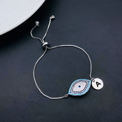 Evil Eye Silver Blue Cubic Zirconia Medallion Charm Adjustable Slider Bracelet Women