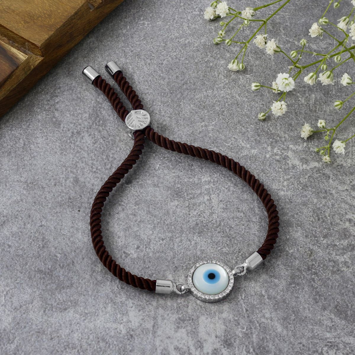 Evil Eye Silver Brown American Diamond Adjustable Thread Bracelet