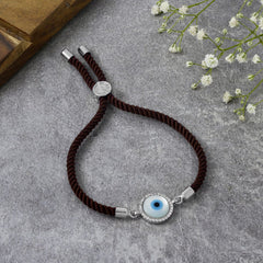 Evil Eye Silver Brown American Diamond Adjustable Thread Bracelet