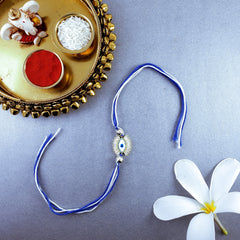 Evil Eye Blue Gold Cubic Zirconia Thread Rakhi For Men