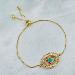 Copper Cubic Zirconia Gold Evil Eye Adjustable Slider Bracelet Women