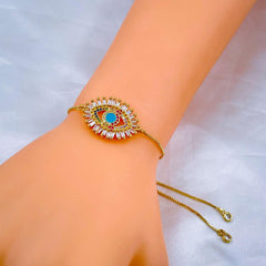 Copper Cubic Zirconia Gold Evil Eye Adjustable Slider Bracelet Women