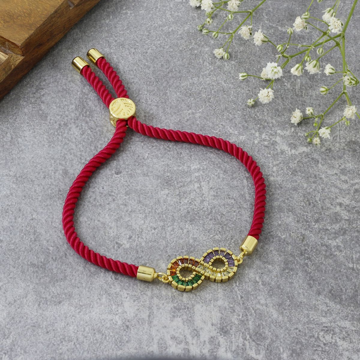 Infinity Rainbow Gold Pink Cubic Zirconia Adjustable Thread Bracelet