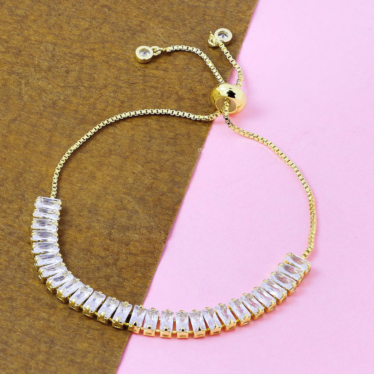 Gold Baguette Cubic Zirconia American Diamond Slider Tennis Bracelet