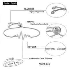 Lightening Heartbeat Cardiogram Silver Cubic Zirconia Slider Bracelet