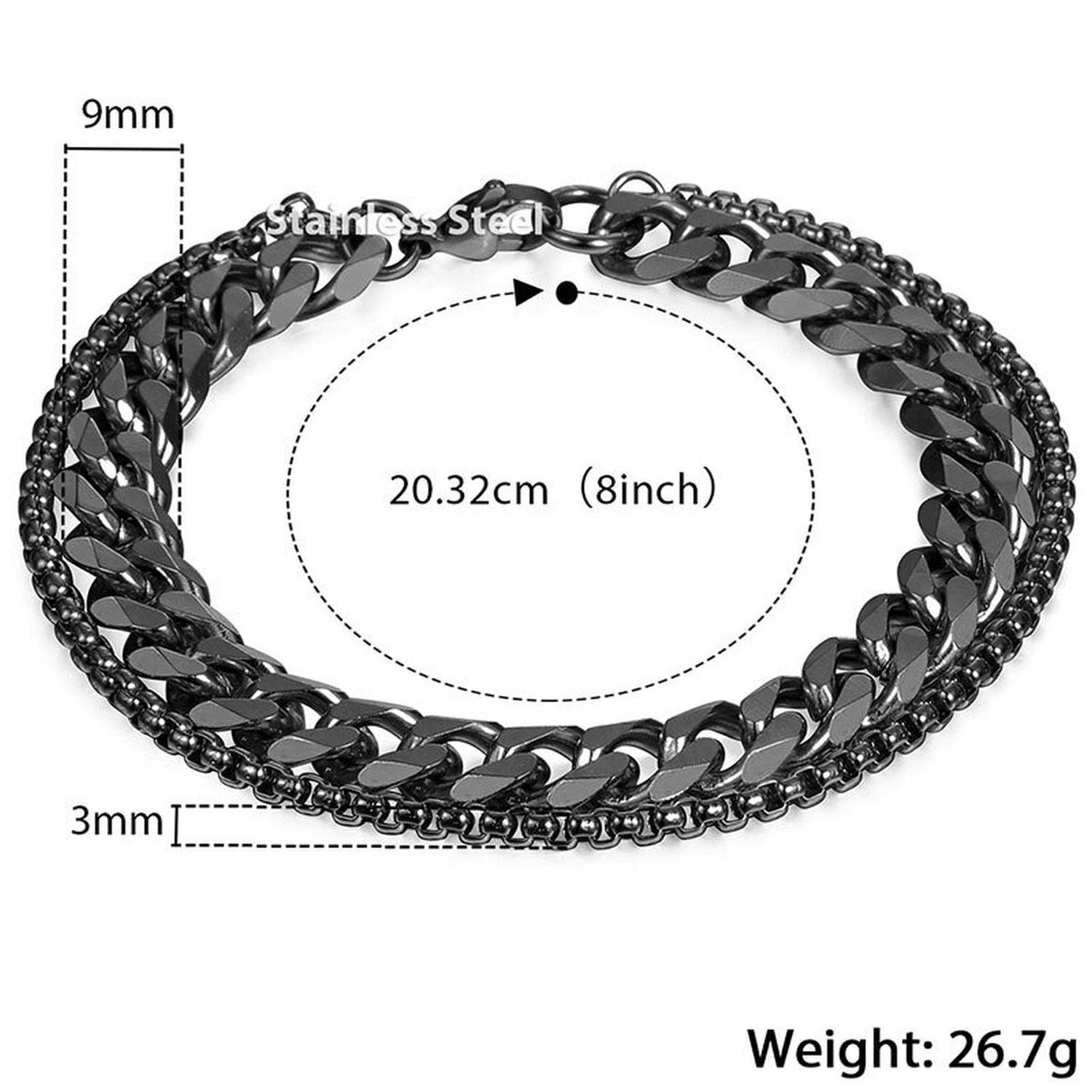Layered Wrist Wrap Black Stainless Steel Curb Popcorn Chain Bracelet