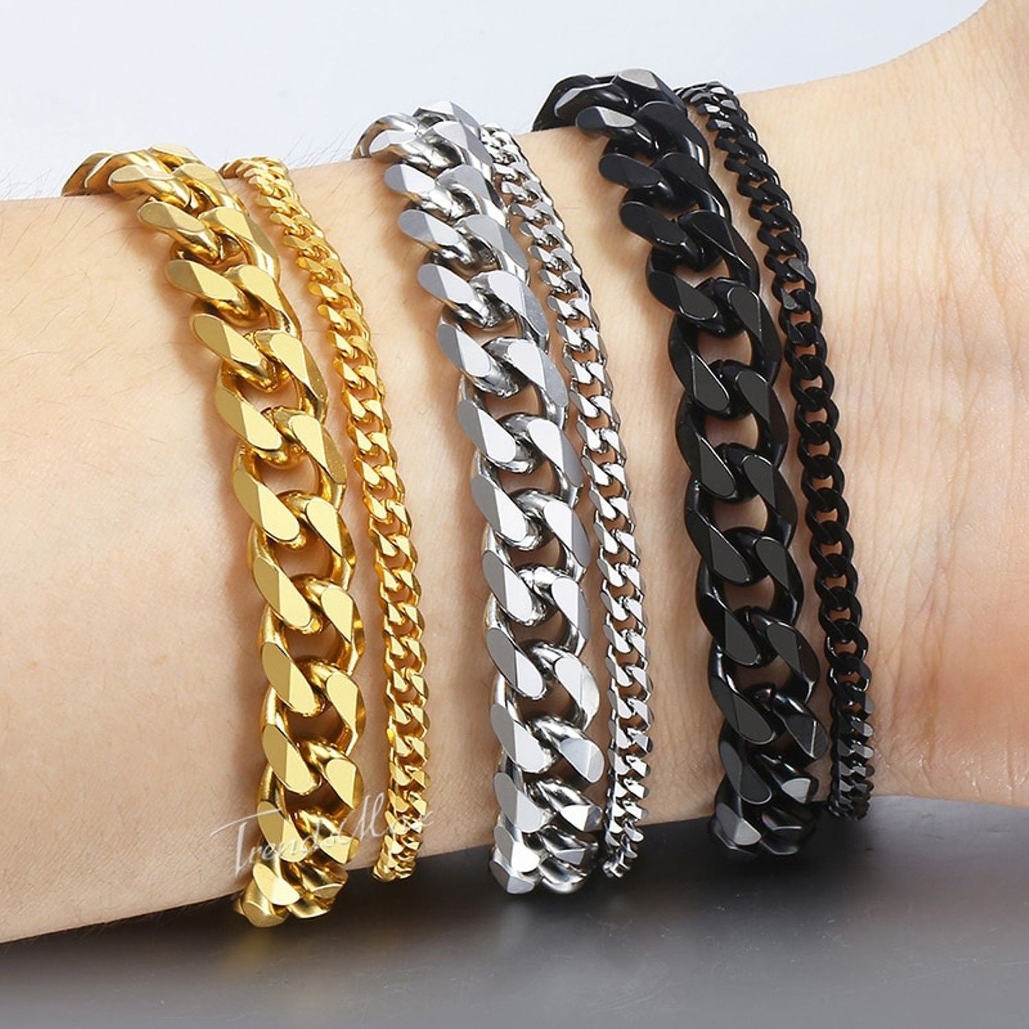 Layered Wrist Wrap Gold Stainless Steel Curb Popcorn Chain Bracelet