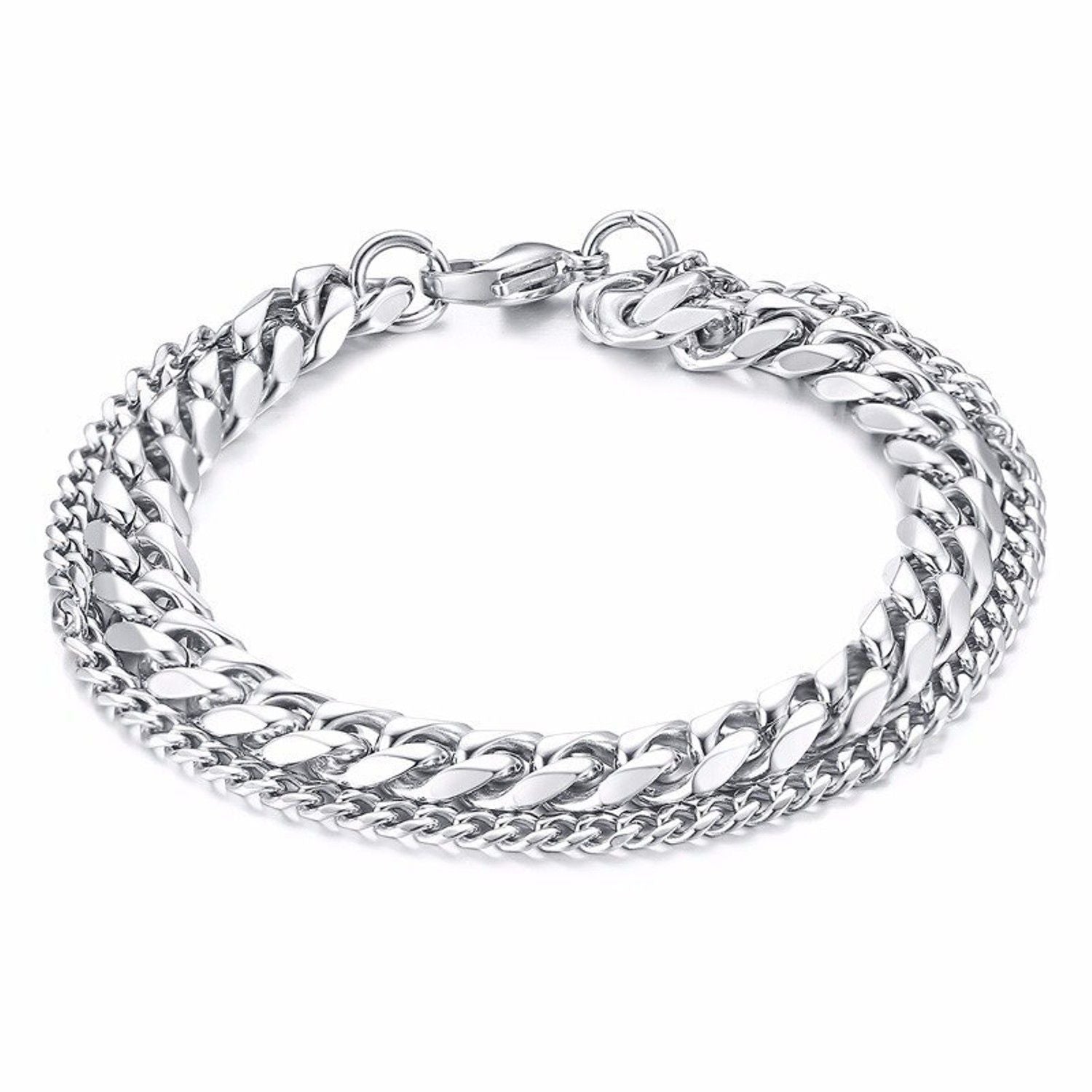 Layered Silver 316L Stainless Steel Curb Popcorn Chain Bracelet Men